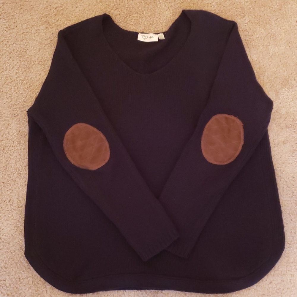 Brown elbow patch navy blue sweater.